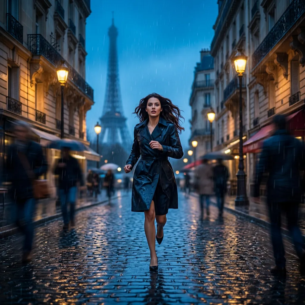 Femme anonyme courant dans les rues de Paris sous la pluie, passants flous
